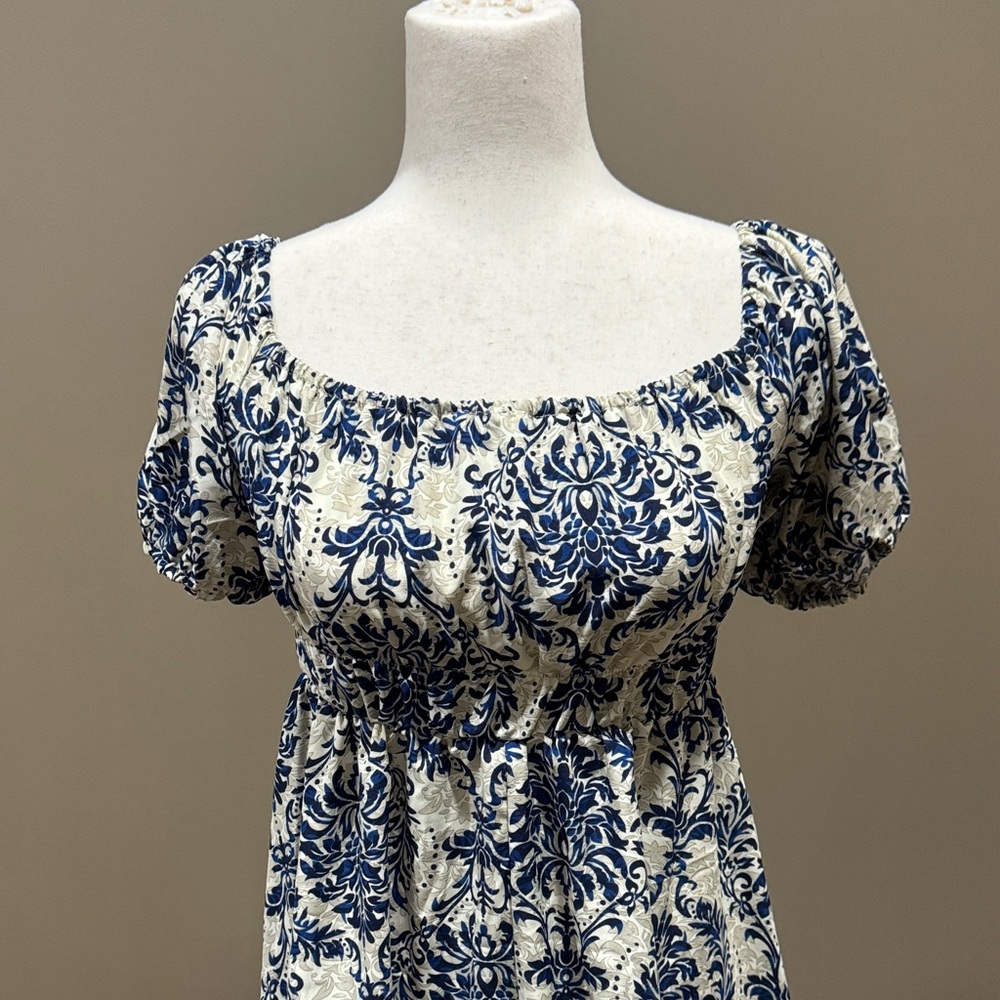 Elegant Blue and Cream Dress